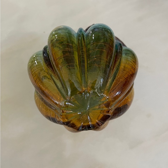 Art Glass Turquoise, Amber, and Brown Pumpkin with Curly Stem. 5”- 5 1/2” Dia - Picture 5 of 10